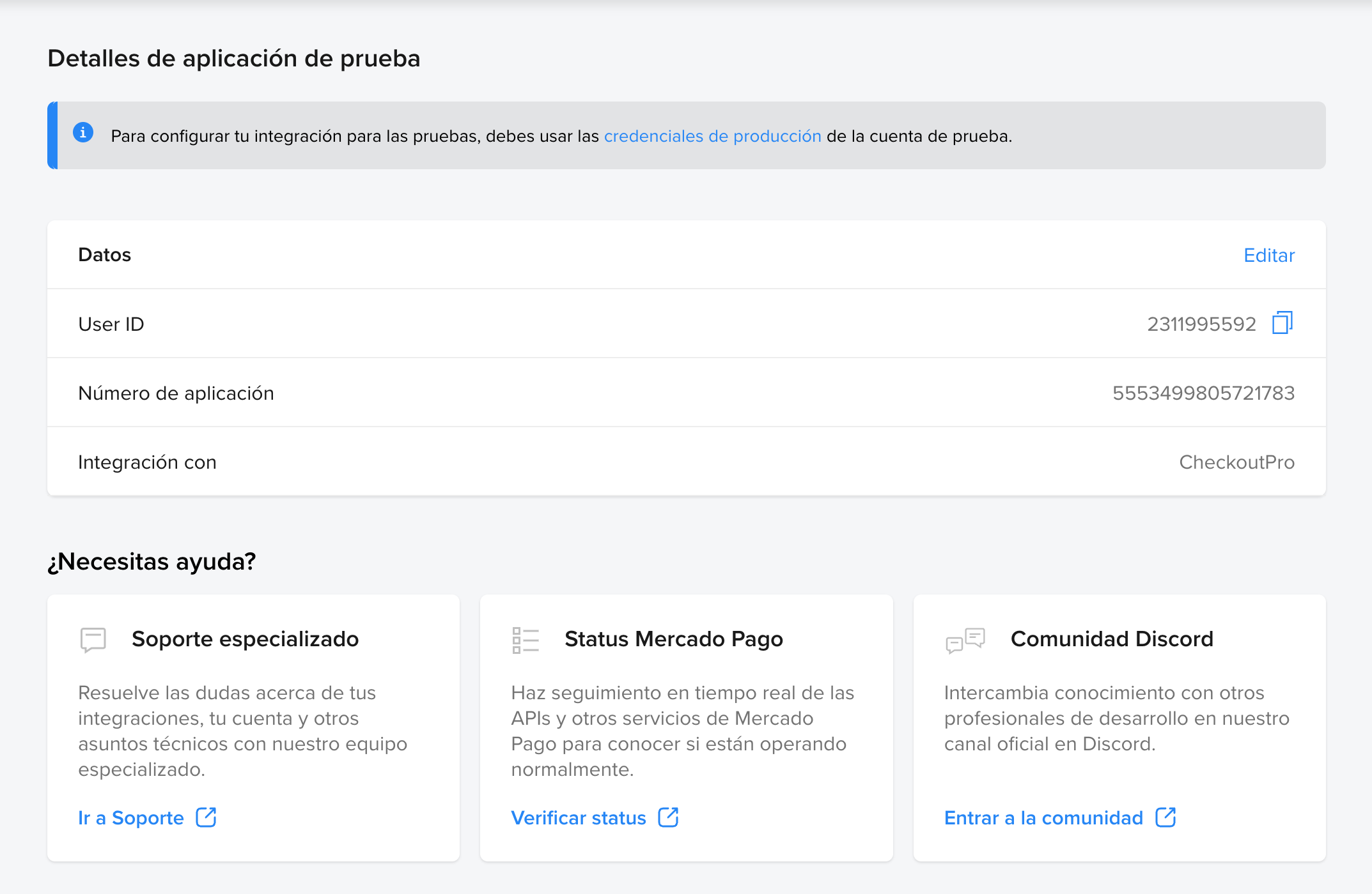 Pantalla de detalle de la integración